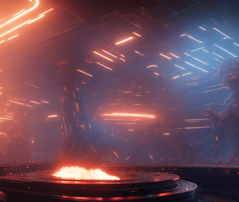 AI generated: a huge Mech is walking thru the fire in  in the control room in a futuristic spaceship. Electric spa...