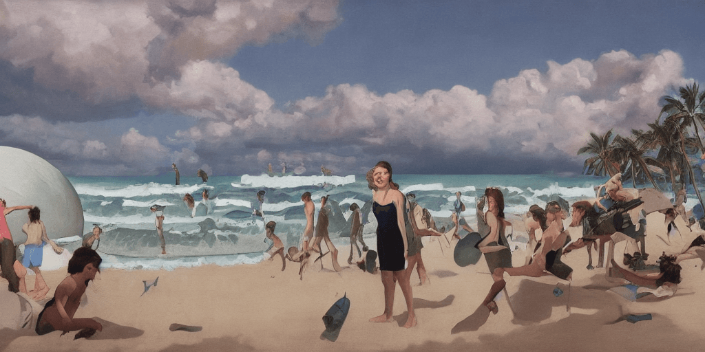 AI generated: beach, oil painting, neo rauch, painting with incomparable reality, intricate details