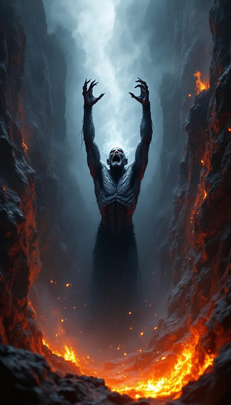 AI generated: A demonic figure emerging from a deep fissure in the earth, its body twisted and muscular, reaching ...