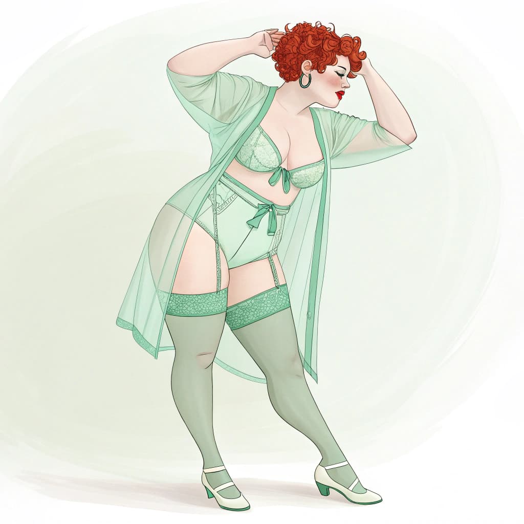AI generated: attractive woman, (short curly red hair), pale skin, (sheer pastel green robe), pastel green garter ...