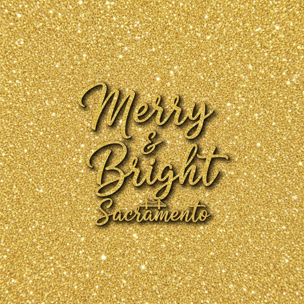 AI generated: Glittery golden background, “Merry & Bright” in Sacramento, flowing script.
