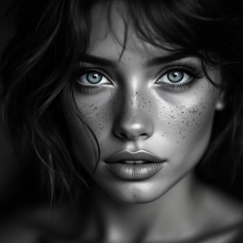 AI generated: (Black&white portrait of a beautiful woman just turned 18 and has short  bob wavy (reddish brown) ha...