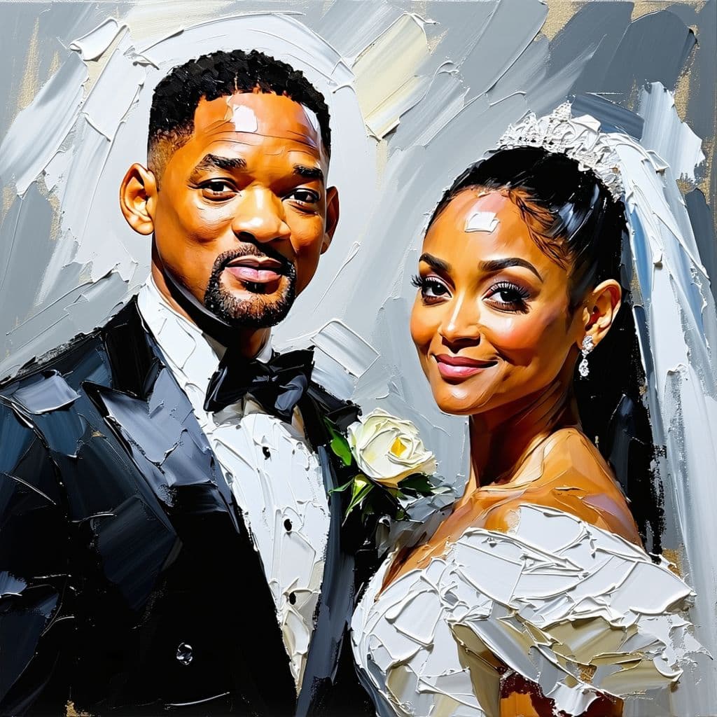 AI generated: Oil painting on canvas of a couple standing  (Will Smith and Jada Smith) next to each other at their...