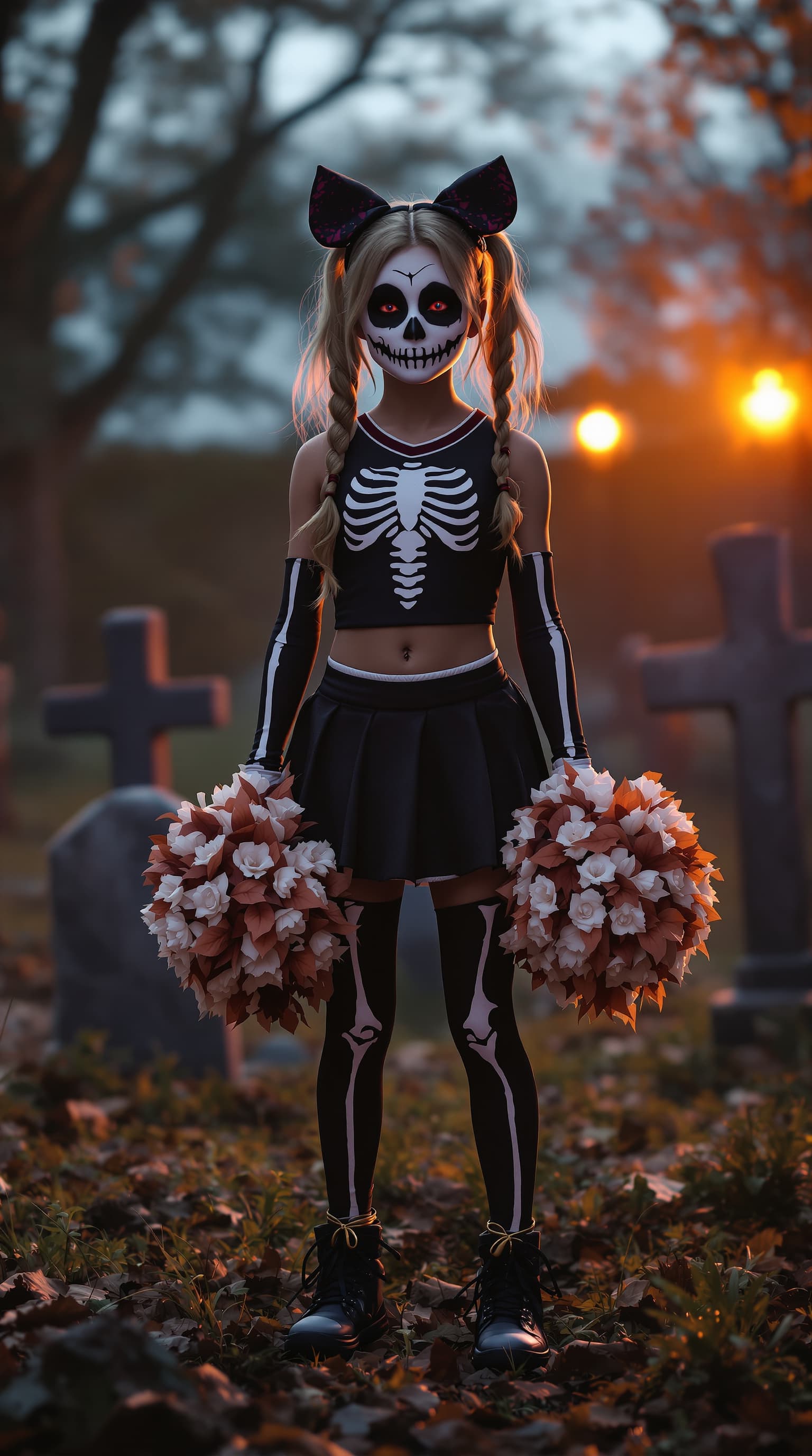 AI generated: A hyper-realistic depiction of a eleven year old girl, dressed in a Halloween Cheerleader Costume, S...