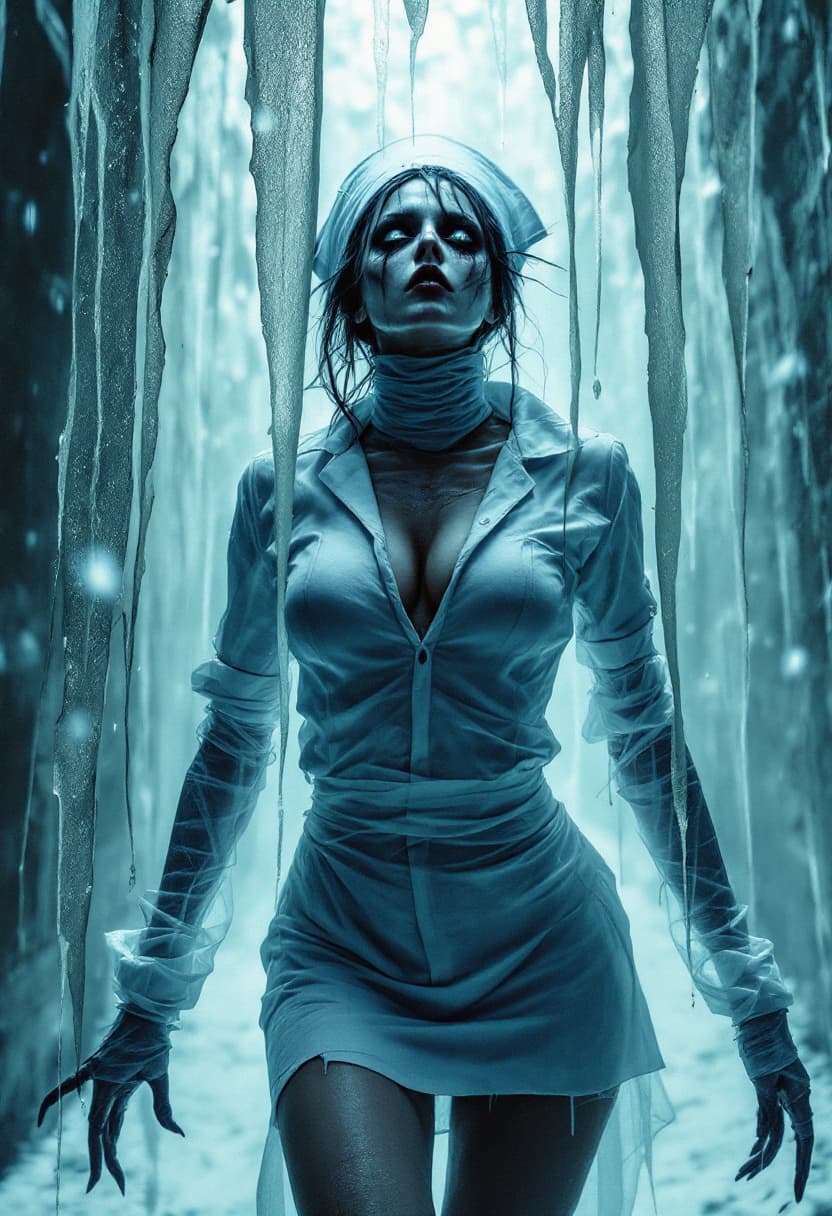 AI generated: legendary photoart dark and terrifying themes, evil nurse from Silent Hill, in a short uniform with ...