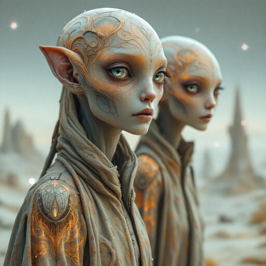 AI generated: Create a unique, flesh, organic, human or human-like species, Male and Female. Otherworldly human fi...