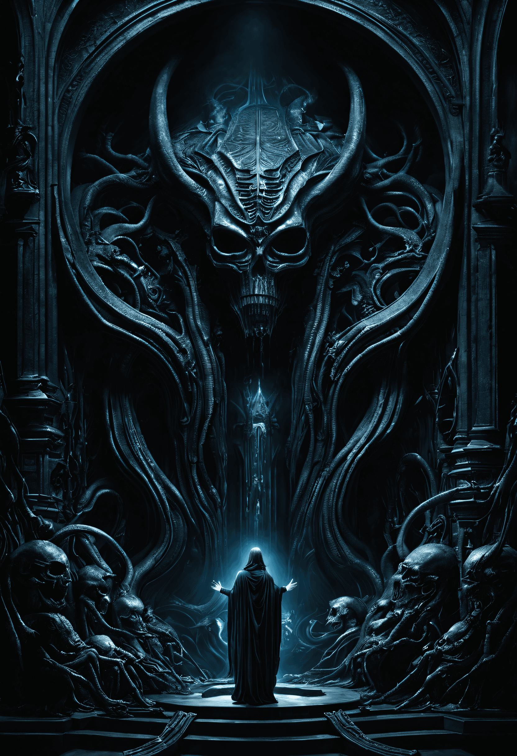AI generated: In a dark and disturbing scenario that draws influences from H.R. Giger and H.p. Lovecraft, A distur...