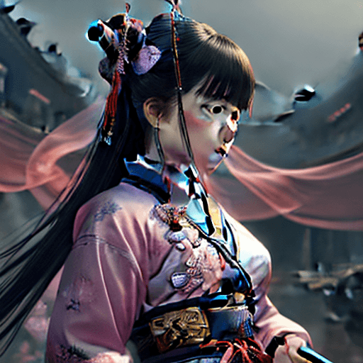 AI generated:  Kyoto Animation stylized anime mixed with tradition Chinese artworks~ samurai woman holding a katan...