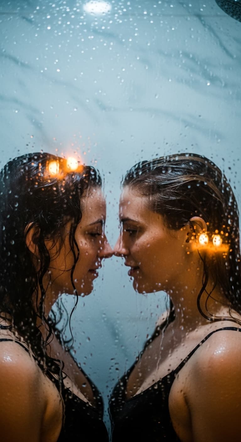 AI generated: Intimate hotel bathroom scene: two women in a steamy marble-tiled shower, water droplets on glass, f...