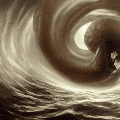AI generated: a vessel is entering into blackhole and a giant squid has grabbed the vessel around. Realistic, fren...