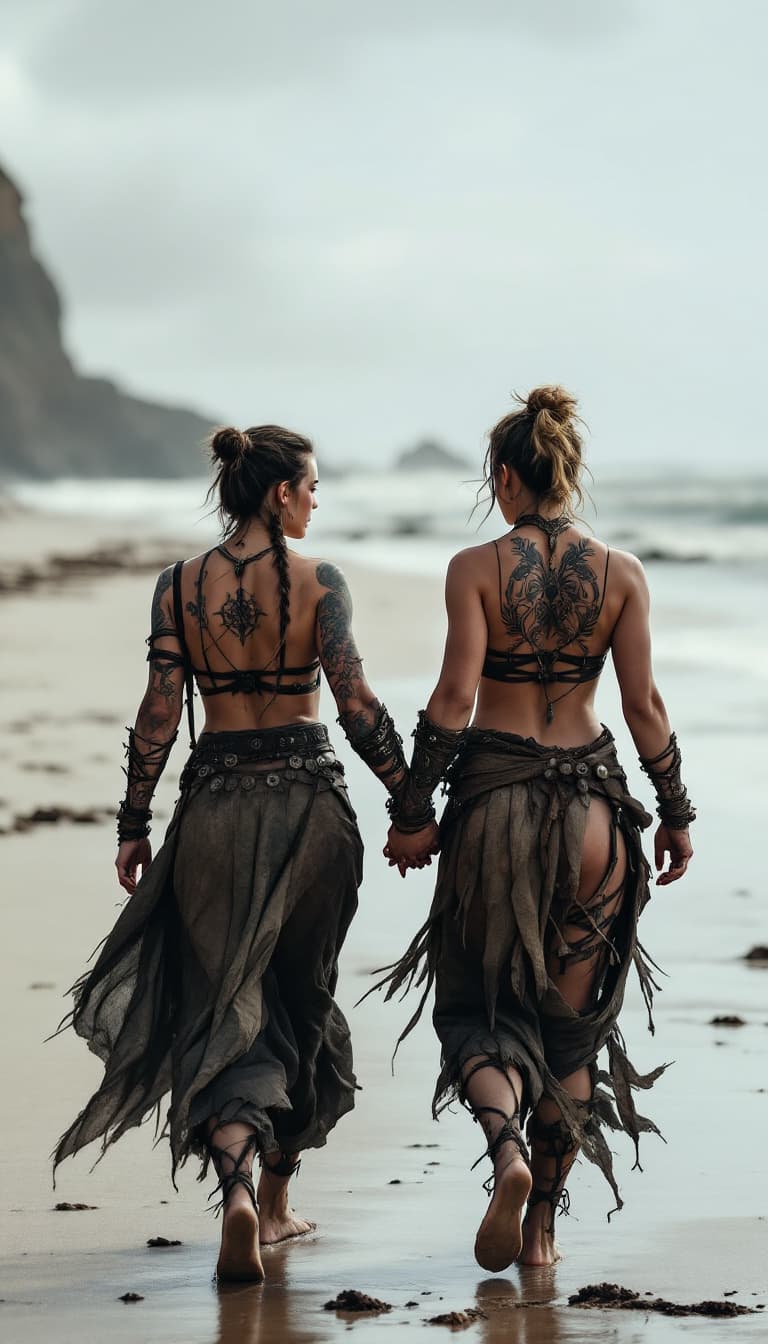 AI generated: 2 viking warrior women with tattoos holding hands and walking on the beach