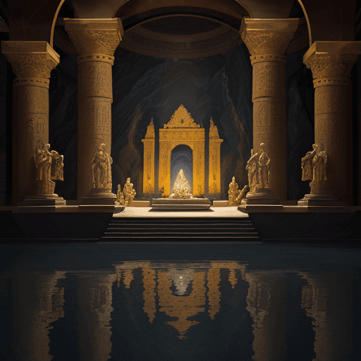 AI generated: new art : landscape into a Underground cave, in the middle an altar with a treasure on around water ...