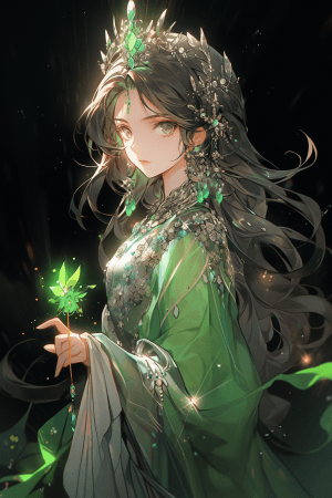 AI generated: A mysterious manga character in a mystical crystal necklace, wearing elegant flowing robes, holding ...