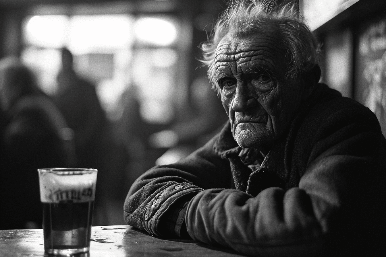 AI generated: artistic photo of an old man drinking beer in the sleazy bar, black and white photo, monochromatic p...