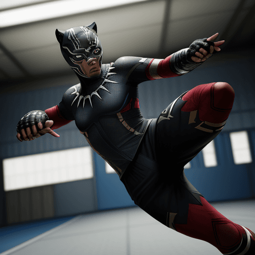 AI generated: Marvel's black panther playing taekwondo, dressed in japan soccer team uniform, japan jersey, realis...