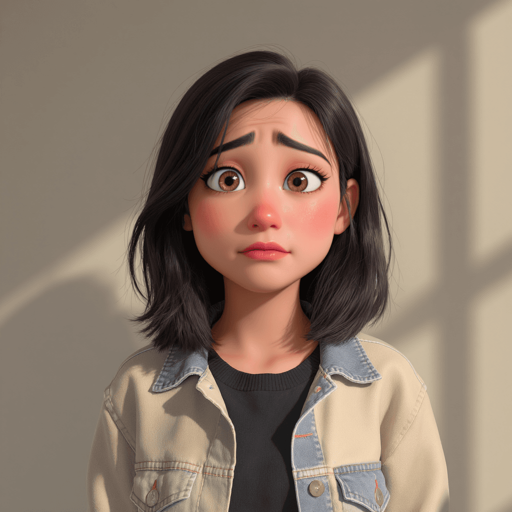 AI generated: A young mother in her early 30s with shoulder-length dark hair, casual clothing, expressive and emot...