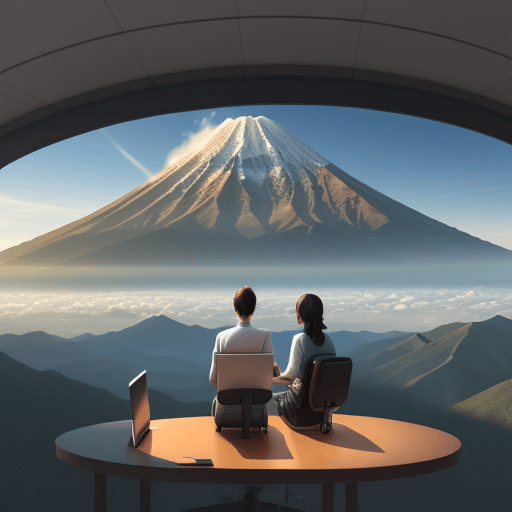 AI generated: 2 people with laptop in campus, 4D, inscribed UKSW, background the Merbabu mountain, futuristic city...