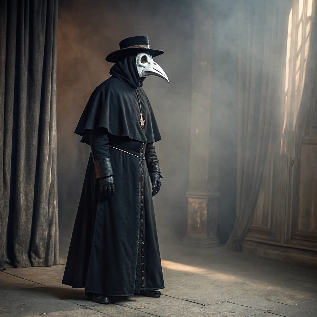 AI generated: A hyper-realistic front-facing view of a Plague Doctor standing as the host of a horror show. He wea...