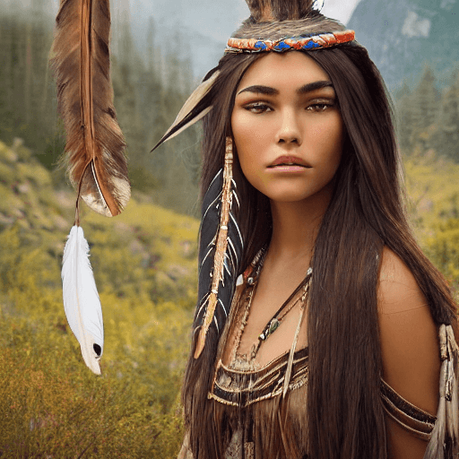 AI generated: portrait photograph of Madison Beer as Pocahontas, young beautiful native american woman, perfect sy...