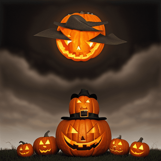 AI generated: PUMPKINS, MICE WITH HATS, JACK-O-LANTERN IN MIDDLE, COBWEBS, ACONS, DARK SKY WITH CLOUDS