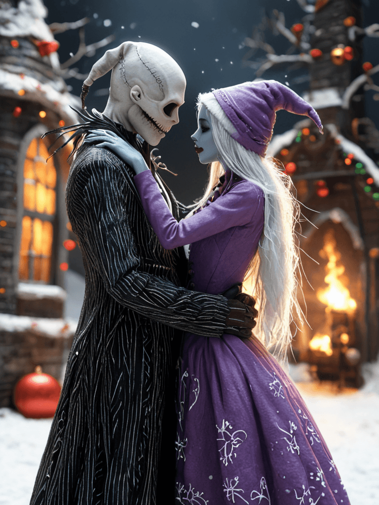 AI generated: realistic,highres,reality,Nightmare before Christmas,love scene,romantic embrace. beautiful,<lora:Fa...