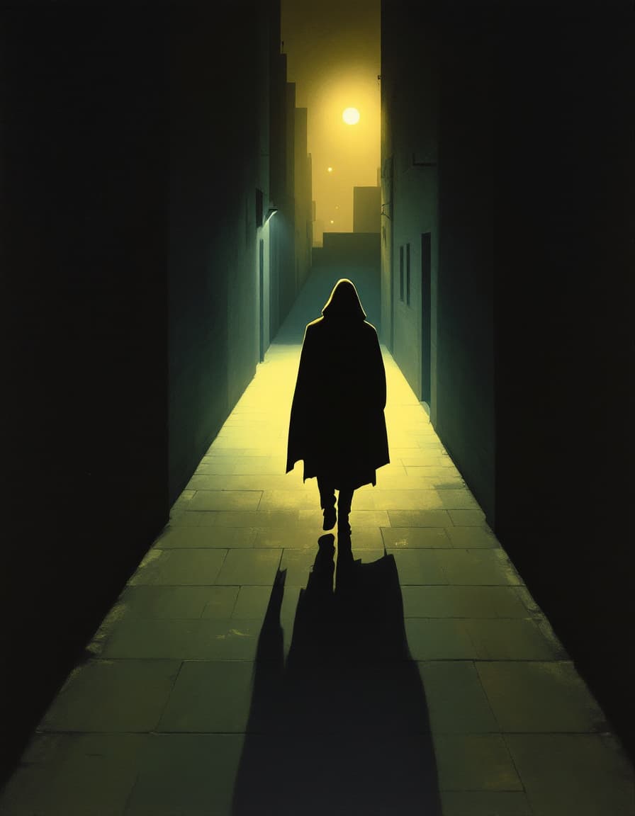AI generated: A surreal painting inspired by René Magritte. The composition features a man, in a hooded cloak, wal...