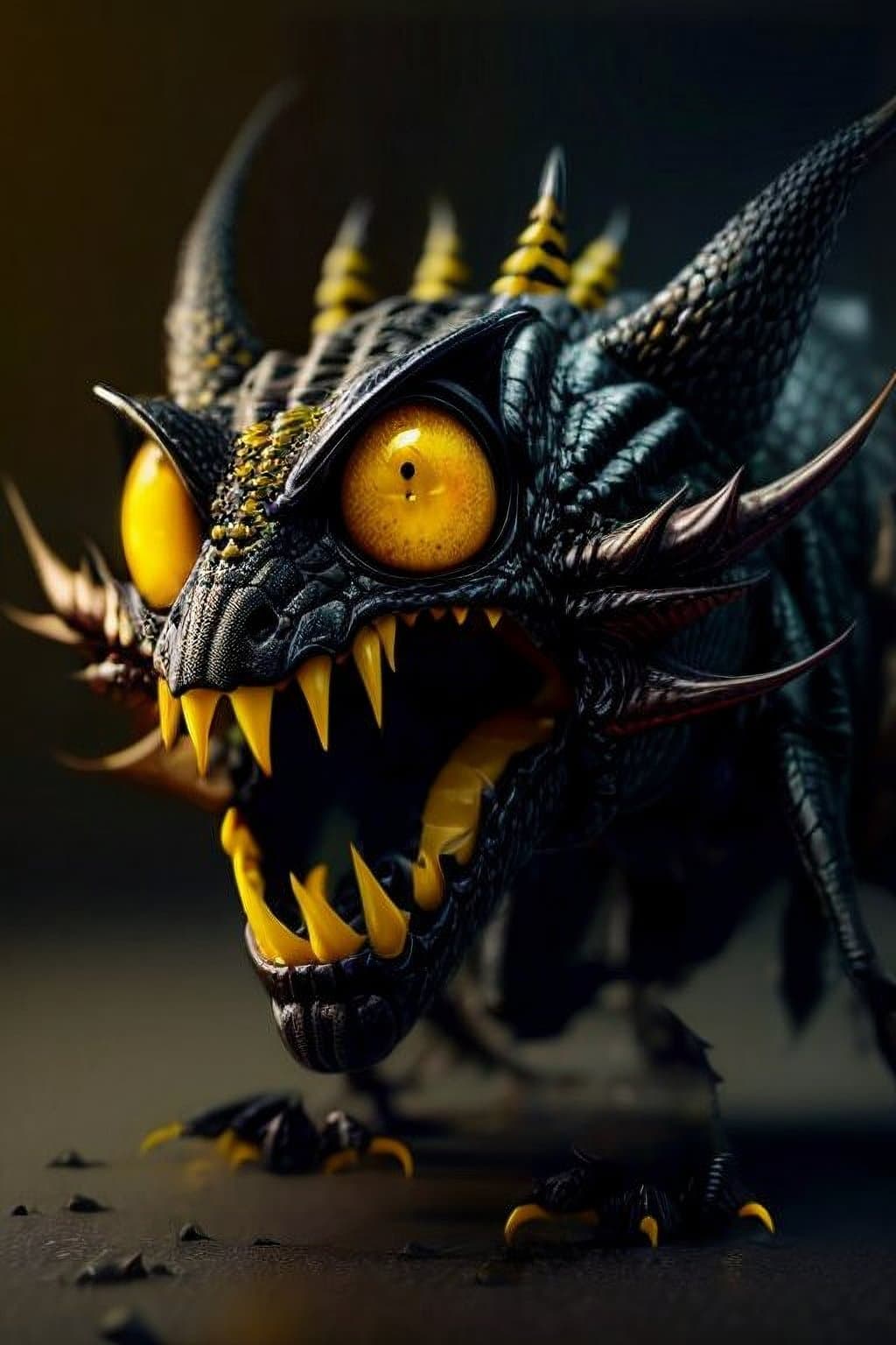 AI generated: Scary creature, flat snout, yellow eyes, horror, dark and haunting, hyperrealism, ultra-detailed, 8k