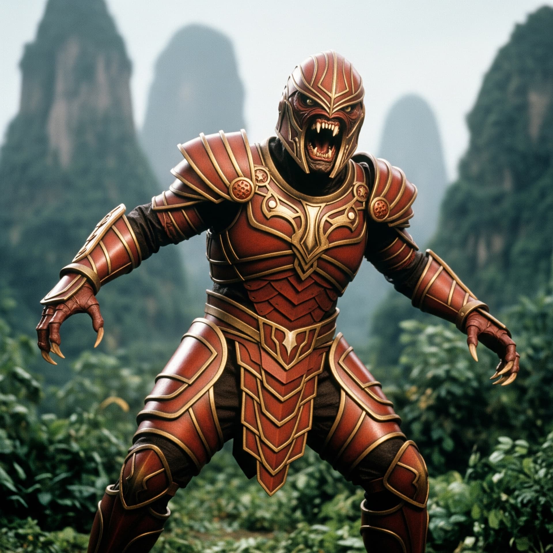 AI generated: A realistic movie still photo, reminiscent of a classic monster film, captures an alien monster clad...