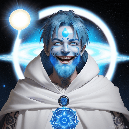 AI generated: Face of a godman with short blue hair, bright blue and white eyes. He is looking straight ahead with...