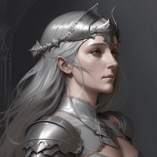 AI generated: Halloween redshift style, painted portrait of a Jeanne d'Arc, upper body, grey and silver, fantasy, ...