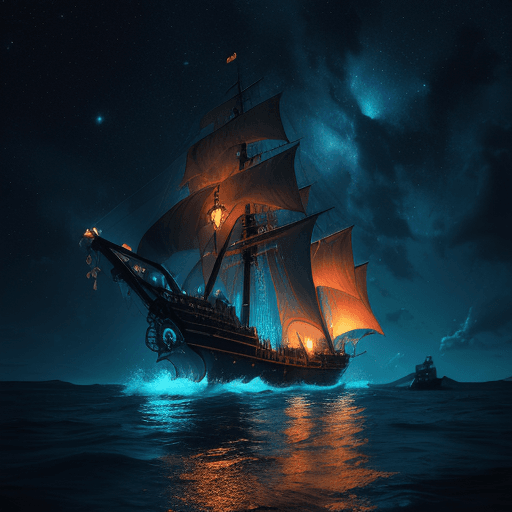 AI generated: (Pirate ship sailing into a bioluminescence sea with a galaxy in the sky), epic, 4k, ultra,