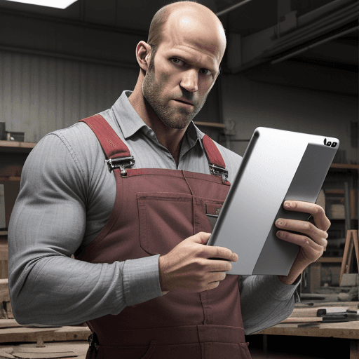 AI generated: Jason Statham looking man with more beard wearing an red and gray overall in a workshop holding a ta...