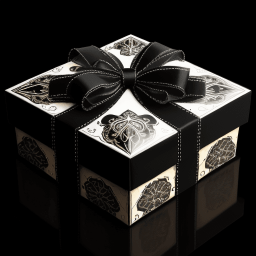 AI generated: Black gift box with interesting designs on it and with a black background
