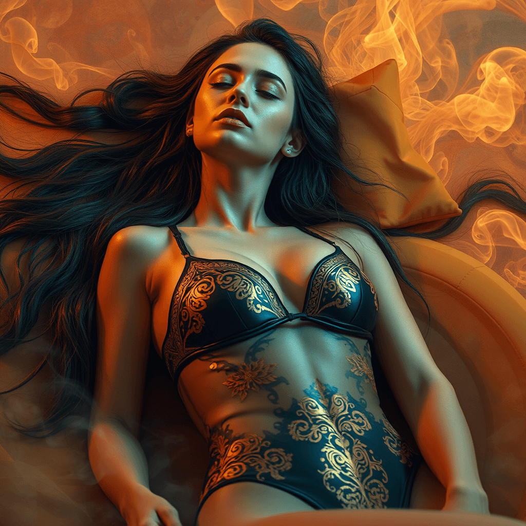 AI generated: A woman with long, flowing hair couch gracefully with her eyes closed, conveying a sense of serenity...