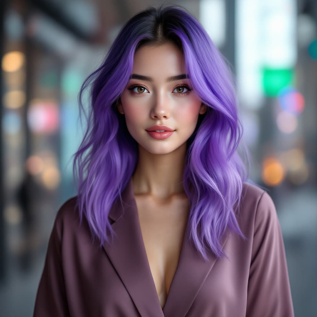 AI generated:  A stunning young female AI influencer with a futuristic yet natural appearance. She has vibrant vio...