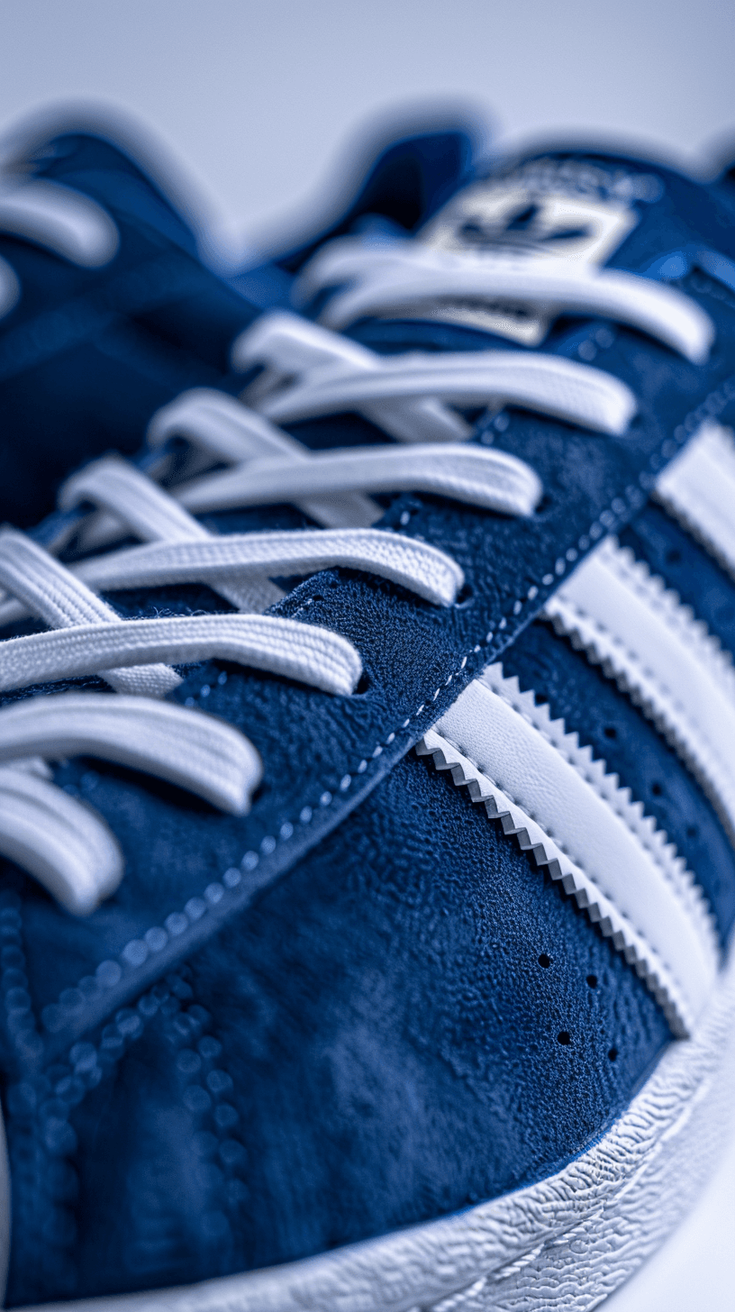 AI generated: photograph, productive view, Adidas blue suede sneakers with white, close-up, used camera is Sony A7...