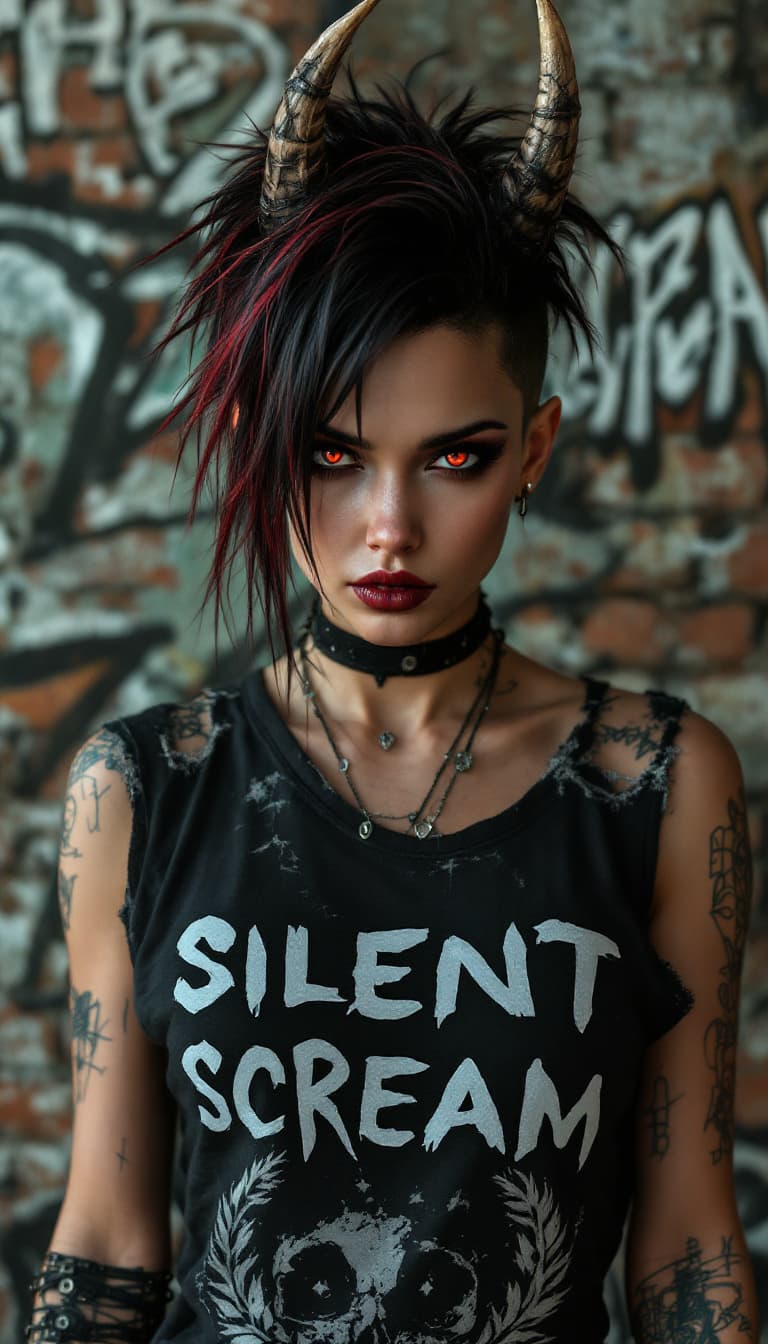 AI generated: A hyper-realistic portrait of a female goth character with olive skin and choppy, black-and-red hair...