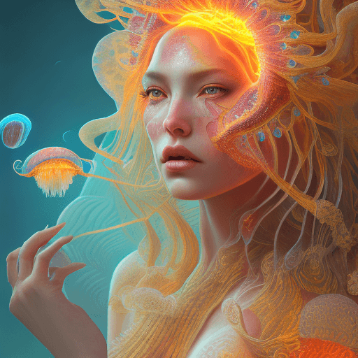 AI generated: Goddess close-up portrait ribcagel. jellyfish phoenix head, nautilus, orchid, skull, betta fish, bio...