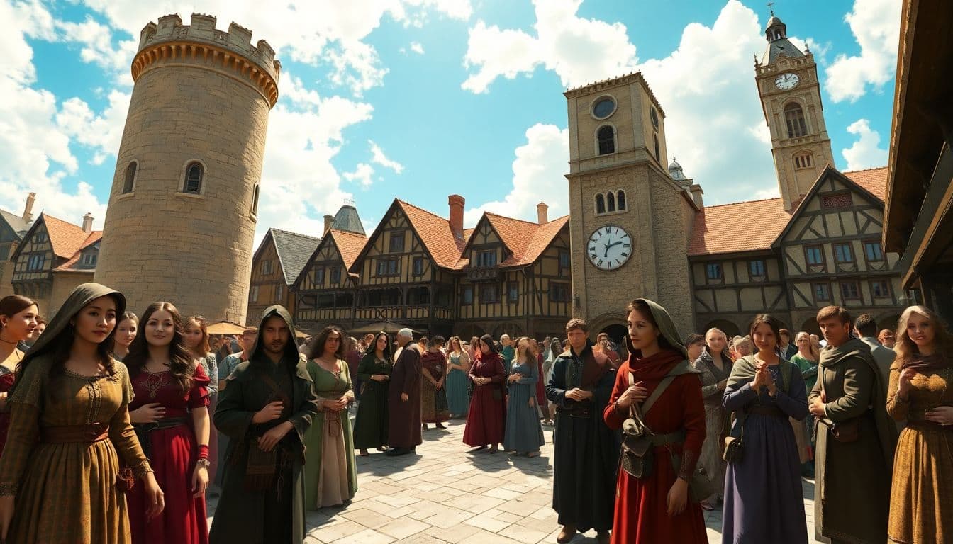 AI generated: a medieval-style digital painting of a bustling marketplace, captured in a wide-angle perspective th...