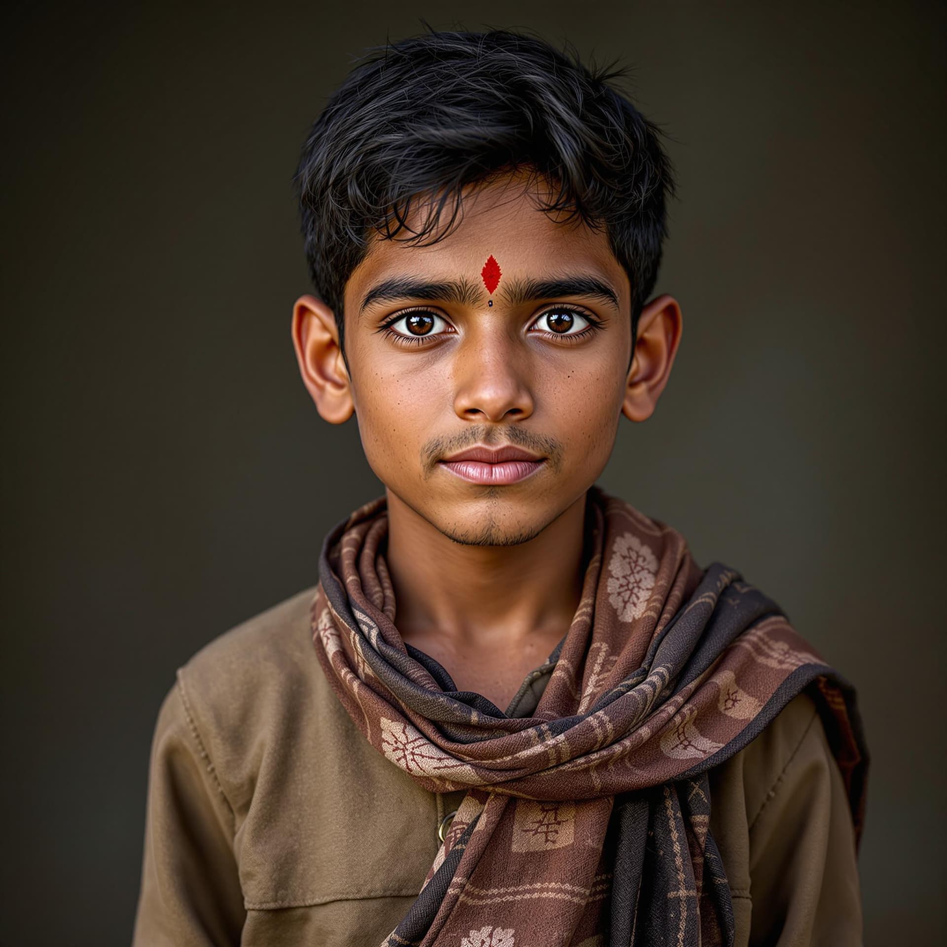 AI generated: create a image of a 10 year old boy who has fair face and black hairs dressed in village clothes his...