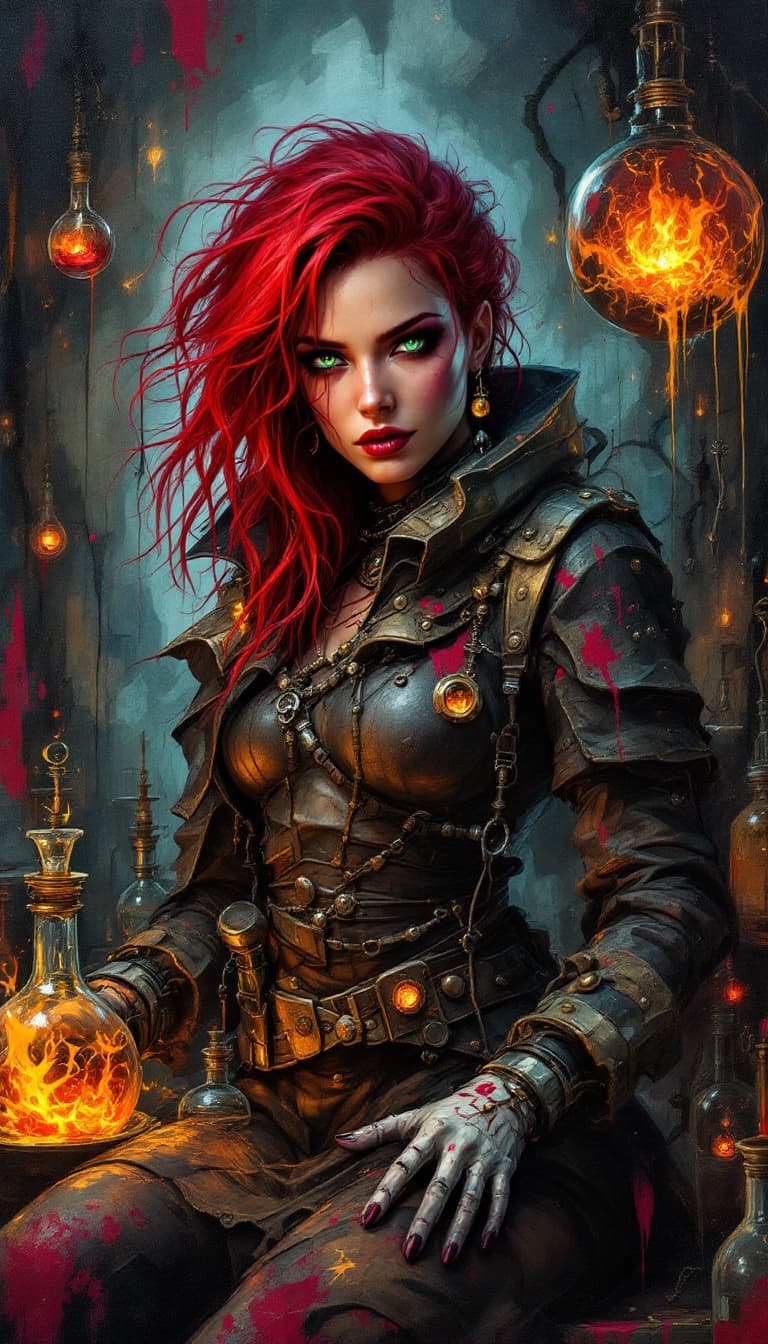 AI generated: "Crimson Alchemist in a Fractured Workshop": A dynamic abstract painting features an alchemist, exud...