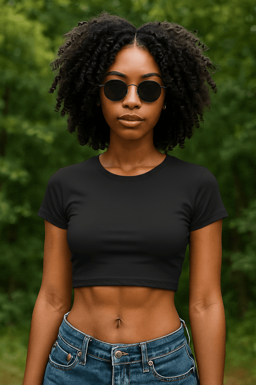 AI generated: make the model in black shirt and the black glasses