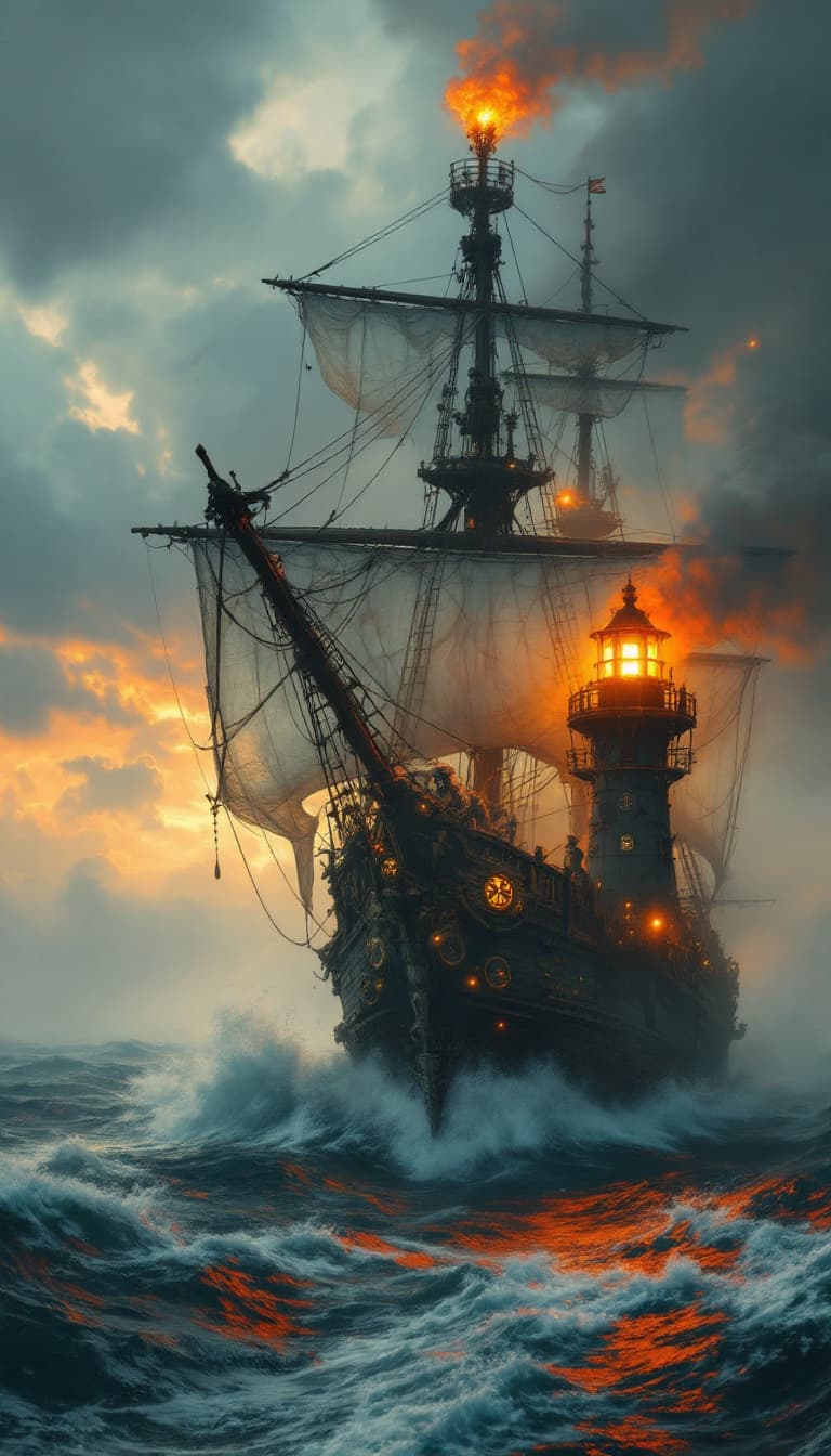 AI generated: Imagine a steampunk, rusty tall ship, ghostly as it sails through thick sea fog in the style of the ...