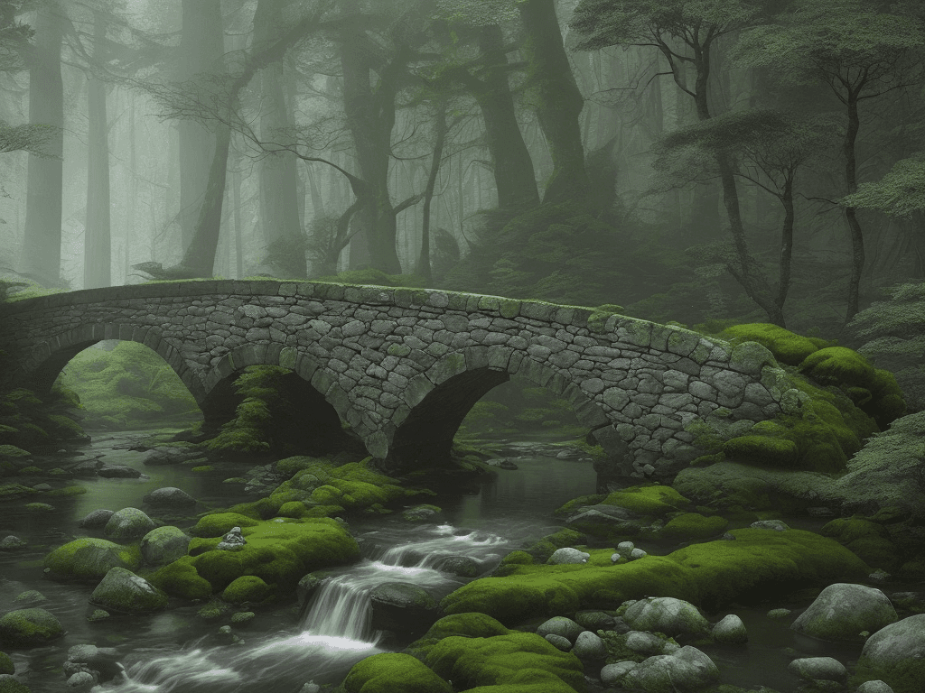AI generated: a serene and mystical scene of a stone bridge in a forest, with no people or animals present. The ba...