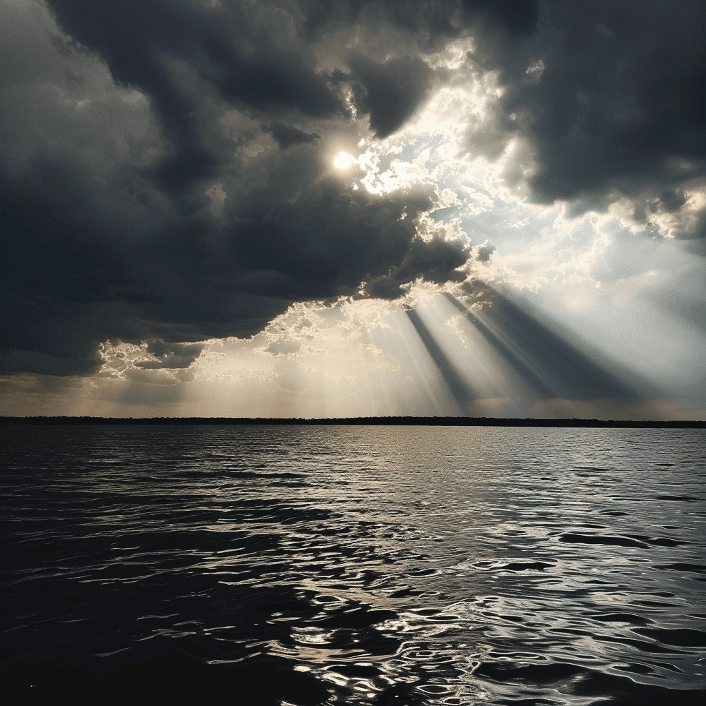 AI generated: ride it on a cold lake, the sky is cloudy and you can see a ray of sun coming through the cloud