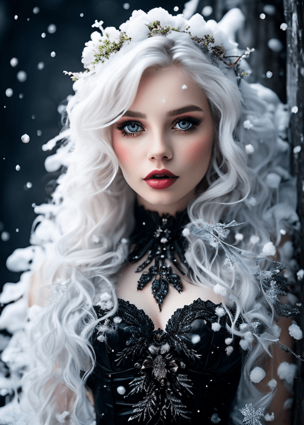 AI generated: mj, close-up photo of a gorgeous ice queen with unreal sapphire eyes, fantastic frozen flowers aroun...