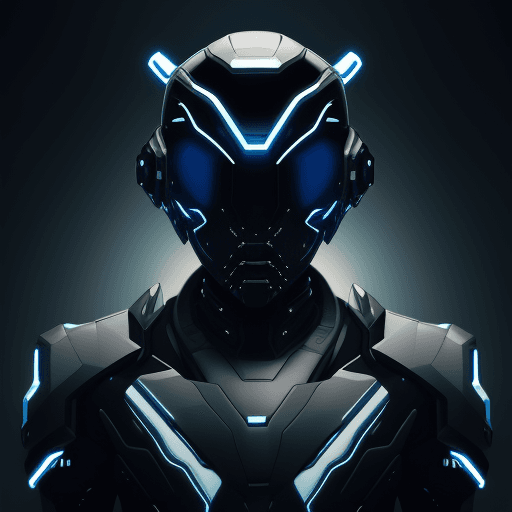 AI generated: Futuristic cyborg Black man featuring a captivating cybernetic helmet adorned with vibrant triangula...