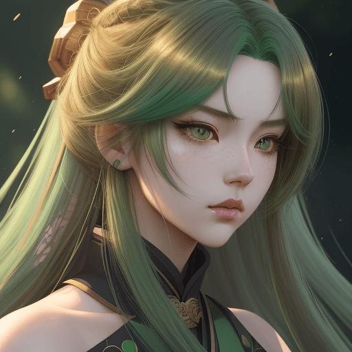 AI generated:  girl with green hair highlights, long brown hair, in the style of hyper-realistic atmospheres, anim...