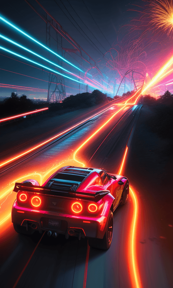 AI generated: Immerse yourself in an electrifying scene: a gleaming red Hotwheels car, chrome body aglow under vib...
