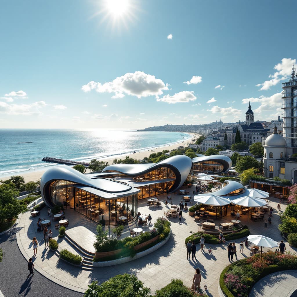 AI generated:  Bird's eye View of  modern Cafe comes restaurant with 3 built structure  with  paris's Architecture...